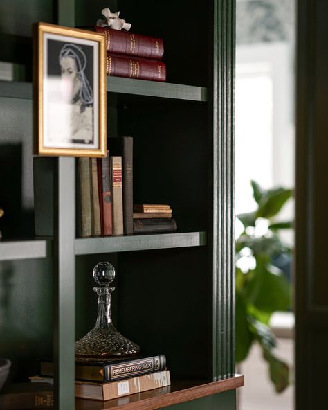 Victorian Parlor — Renovation Husbands Colonial Verdigris, Masculine Study, Renovation Husbands, Traditional Modern Home, Victorian Modern, Bookcase Wall Unit, Victorian Parlor, Wall Writing, Fabric Blinds