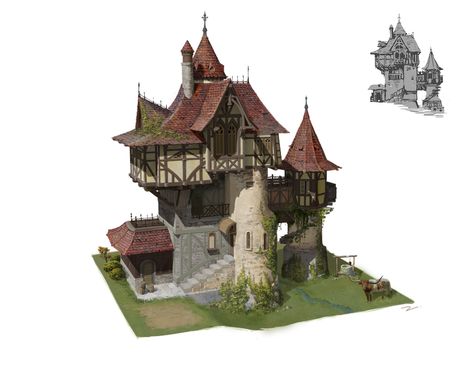 ArtStation - House Design, z.z.zzzzz Medieval Mansion Concept Art, Medieval Building Concept Art, Medival Building Concept Art, Small Medieval House Concept Art, Medieval Tower Concept Art, Fantasy Village, Fairy House Crafts, Medieval Houses, Building Concept