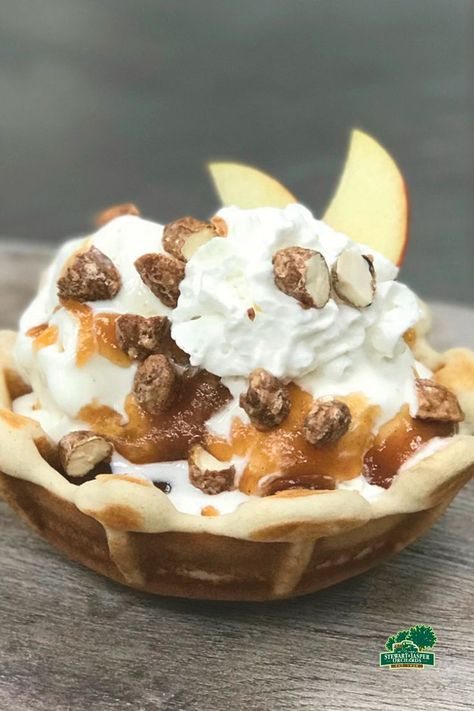 Caramel Apple Waffle Bowls Waffle Bowl Desserts, Waffle Bowl Recipe, Waffle Bowl Maker, Apple Waffles, National Waffle Day, Cone Dessert, Thanksgiving Sweets, Ice Cream Waffle Cone, Waffle Day