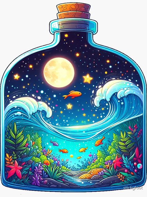 "Full Moon over the Ocean in a Bottle" Sticker for Sale by stickyfoot | Redbubble Moon Over The Ocean, Ocean In A Bottle, Jar Drawing, Ocean Bottle, Ocean Artwork, Bottle Drawing, Sea Plants, Stickers Design, Art Animation