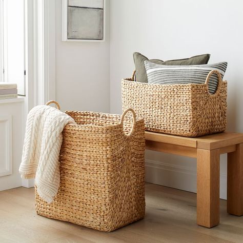 Curved Seagrass Baskets Collection - Natural | West Elm Mid Century Modern Storage Basket, Mid Century Modern Storage, Seagrass Baskets, Basket Collection, Floor Baskets, Decorative Storage Baskets, Lidded Baskets, Seagrass Basket, Bags Handmade