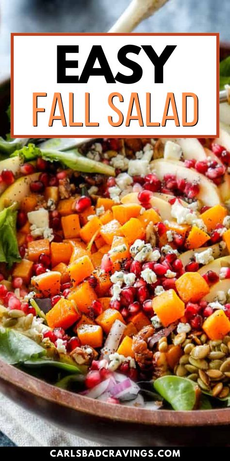 This Fall Salad encapsulates the essence of autumn with its vibrant and satisfying mix of ingredients. Loaded with crisp apples and pears, roasted butternut squash, caramelized pecans, toasted pepitas, red onions, Gorgonzola cheese, pomegranate seeds, and fresh lettuce, all drizzled with tangy Pomegranate dressing, it's a delightful blend of textures and flavors. This salad is deal for potlucks, Thanksgiving, and Christmas! Fall Salads With Pomegranate, Fall Salad Ideas, Easy Fall Salad, Salad With Pomegranate Seeds, Toasted Pepitas, Caramelized Pecans, Fall Salads, Pomegranate Dressing, Cravings Recipes