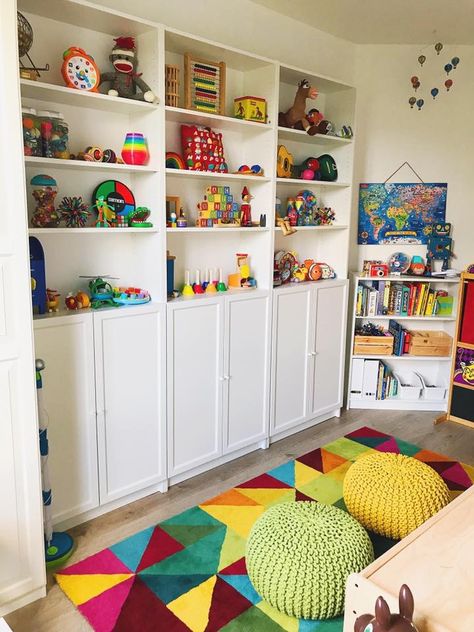 Play room organization with IKEA billy bookcases. Billy Bookcase Toy Room, Playroom Billy Bookcase, Billy Ikea Playroom, Ikea Billy Bookcase Toy Storage, Ikea Billy Playroom, Ikea Billy Bookcase Playroom, Ikea Billy Bookcase Kids Room, Billy Toy Storage, Ikea Billy Toy Storage