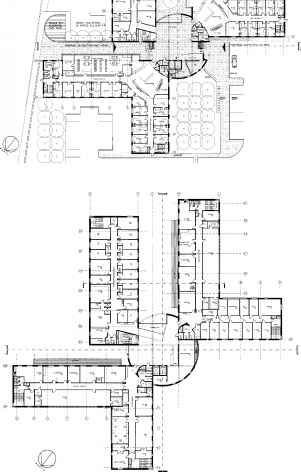 Figure 11.100 Musselburgh Primary Care Centre: ground and first floor plan. Architect: Campbell & Arnott Ltd. Rehab Center Floor Plan, Primary Health Care Centre Plan, Health Center Architecture Concept, Hotel Ground Floor Plan, Health Care Design, Hospital Plan, Rehabilitation Center Architecture, Hospital Floor Plan, Hospital Plans