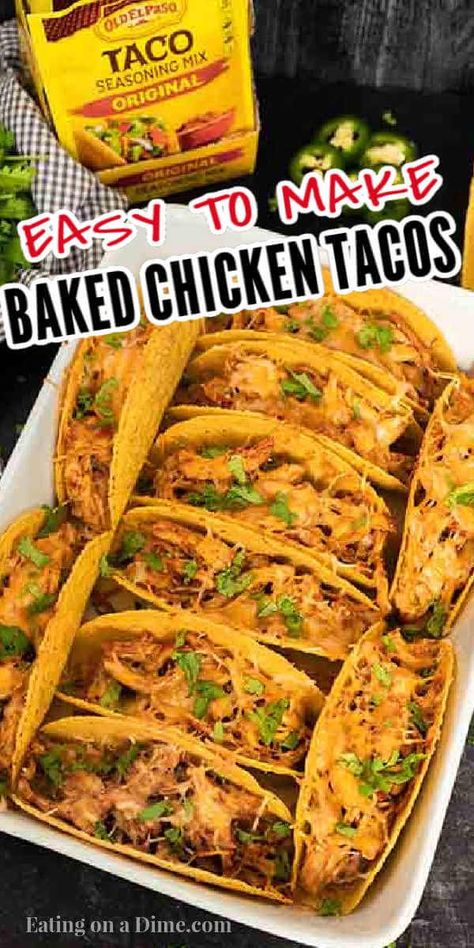 These Baked Chicken Tacos are easy to make with Old El Paso products including their taco seasoning. Everyone loves this Oven Baked Chicken Tacos Recipe! These Easy Oven Baked Chicken Tacos is the best ever healthy taco recipes. These Baked Crispy Chicken Tacos are perfect for a week day dinner or to feed a crowd at a party! #eatingonadime #tacorecipes #chickentacos #bakedtacos #mexicanrecipes Baked Chicken Tacos Recipe, Easy Chicken Taco, Oven Baked Chicken Tacos, Oven Baked Tacos, Dizzy Cook, Baked Tacos, Spicy Chicken Tacos, Healthy Taco Recipes, Taco Side Dishes