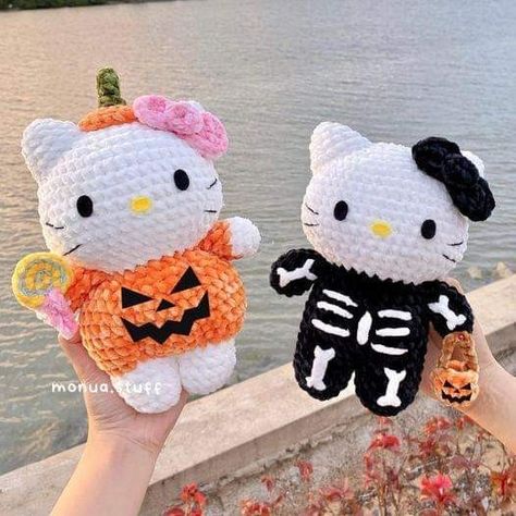 Hello Kitty Crochet Pattern Free, Hello Kitty Crochet Pattern, Hello Kitty Pdf, Pumpkin Hello Kitty, Crochet Hello Kitty, Kitty Ideas, Hello Kitty Crochet, Yarn Creations, Easy Crochet Animals