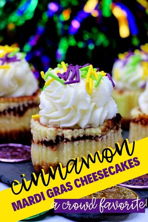 These mini Mardi Gras Cheesecakes are the perfect size for serving at parties or gatherings, and have the cinnamon taste of King Cake in cheesecake form! Topped with whipped cream and sprinkles, they're an absolute delight to eat! Mini Cheesecakes Recipe, Mardi Gras Desserts, Cinnamon Cheesecake, Fresh Whipped Cream, Food Scales, Mini Cheesecake Recipes, Mardi Gras Food, Cheesecake Bites, King Cake