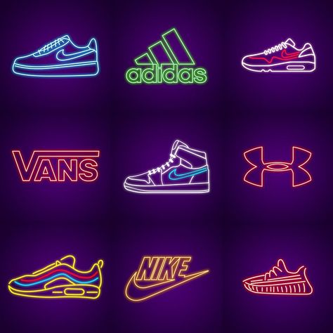 Shoe Logo Design, Basketball Shop, Store Shelves Design, Neon Shoes, Acrylic Signage, Flowery Wallpaper, Flyer And Poster Design, Logo Reveal, Neon Design