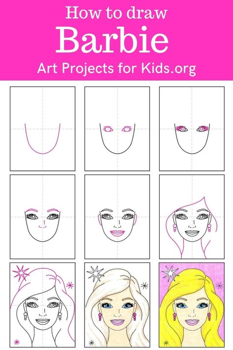 Learn how to draw Barbie with an easy step-by-step PDF tutorial. #howtodraw #tutorial #drawing #drawingtutorial #arttutorial #artprojectsforkids #howtodrawforkids #barbie #barbiedrawing Barbie Art Projects Ideas, Barbie Art Project, Barbie Painting Easy, Barbie Drawing Easy Step By Step, How To Draw Barbie Easy, How To Draw Barbie Step By Step, Barbie Painting Canvas Easy, Barbie Face Drawing, How To Draw Barbie