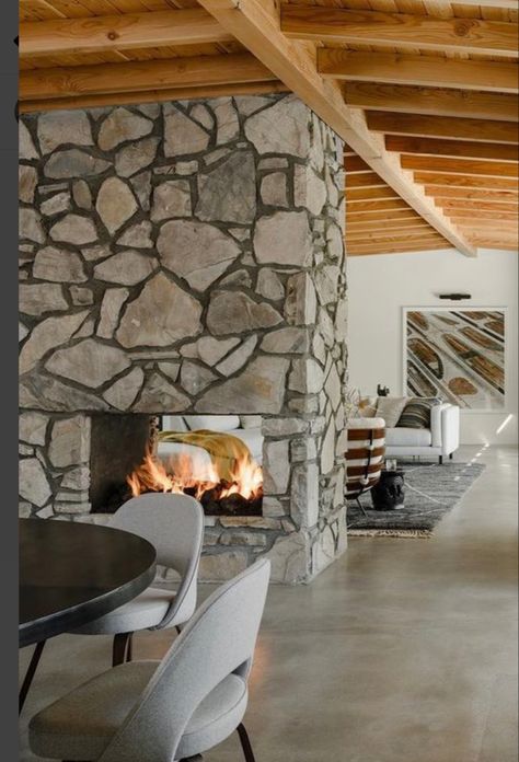 Fireplace In The Middle Of The Room, Fireplace Middle Of Room, Fireplace Between Kitchen And Living, Mcm Fireplace, Separating Rooms, Fire Places, Open Fireplace, Container House Plans, Kitchen Family Rooms