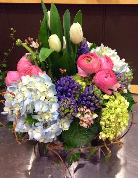 An adorable floral arrangement with hydrangea, tulips, & ranunculus - Designed by Beth Holloway Mothers Day Flower Arrangements, Edible Bouquets, Silk Arrangements, Cheap Flowers, Easter Flowers, Fresh Flowers Arrangements, Mothers Day Flowers, Same Day Flower Delivery, Spokane Wa