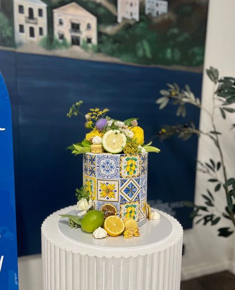 Using the well known Amalfi Coast Tiles as inspiration for this cake.   . Mama Mia Desserts, Amalfi Coast Cake, Cheese Tower, 50th Cake, Creative Cake Decorating, Blue Tile, Special Occasion Cakes, Mama Mia, Occasion Cakes