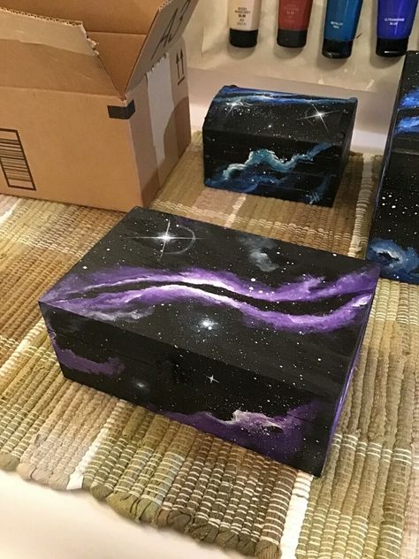 Box Painting Ideas Aesthetic, Wooden Box Painting Ideas, Galaxy Clouds, Creative Corporate Gifts, Painted Galaxy, Wooden Box Crafts, Chest Ideas, Wooden Box Diy, Nebula Space