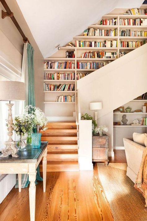 Bookcase Stairs, Staircase Bookshelf, Stair Bookshelf, Diy Bookshelf Plans, Stair Case, Home Library Design, Bookshelf Design, Interior Stairs, Bookshelves Diy