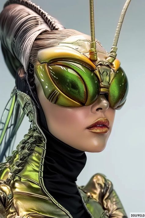 Mythical Creature Costume Ideas, Preying Mantis Costume, Bug Hairstyle, Praying Mantis Makeup, Insect Inspired Fashion, Cicada Costume, Steampunk Alien, Insect Woman, Mantis Costume