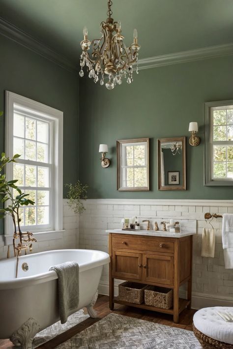 wall paint, bathroom wall decor, interior home design, bathroom color scheme Bathrooms With Green Accents, Cool Green Bathroom, Queenslander Bathroom Ideas, Large Bathroom Color Ideas, Green Paint For Bathroom Walls, Sw Oakmoss Paint, Bathroom Paint And Wallpaper Ideas, Bathroom All One Color, Green Wall In Bathroom