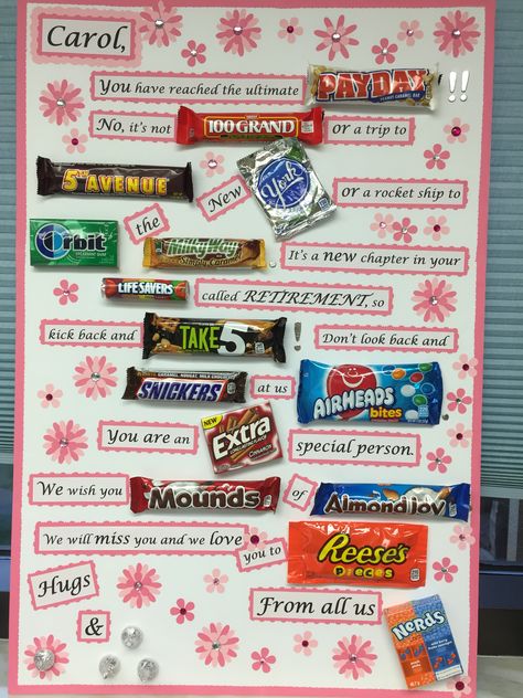 Retirement Poster With Candy Bars, Funny Candy Bar Posters, Candy Bar Retirement Poster, Miss You Candy Poster, Goodbye Candy Poster, Poster Board Gift Ideas, Candy Bar Boards Poster Ideas, Retirement Candy Card, Retirement Chocolate Bar Poster