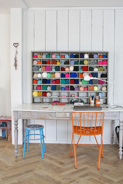 workspace with colourful wool cubbies Yarn Shelf, Crochet Room, Studio Images, Dream Craft Room, Craft Space, Yarn Storage, Craft Decor, Creative Workspace, Office Crafts