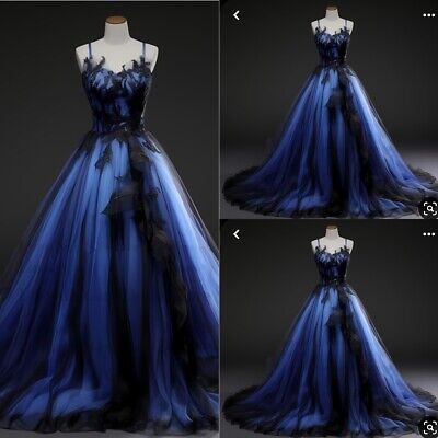 Gothic Black and Blue Wedding Dresses Spaghetti Straps Vintage Tulle Bridal Gown  | eBay Black And Teal Prom Dress, Wedding Dresses Navy Blue, Sapphire Blue Dress Gowns, Blue Tulle Wedding Dress, Blue Fairytale Dress, Grey Ombre Dress, Fire Prom Dress, Celestial Homecoming Dress, Black And Blue Gown