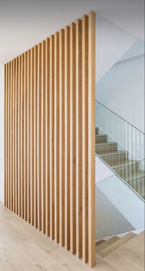 Room Divider Wood, Hanging Room Divider, Interior Stair Railing, Wall Partition Design, Timber Stair, Townhouse Interior, Flooring For Stairs, Hanging Room Dividers, Staircase Remodel