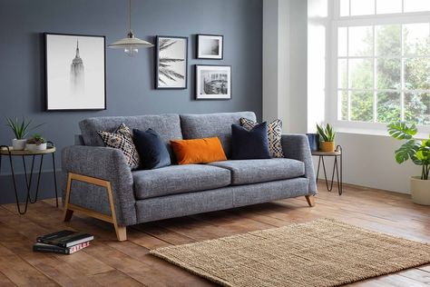 Celebrity here at Furniture World Charcoal Sofa Living Room, Teal Walls Living Room, Modern Living Room Blue, Grey Sofa Design, Gray Sofa Styling, Danish Living Room, Log Burner Living Room, Interior Decoration Ideas, Organic Modern Living Room