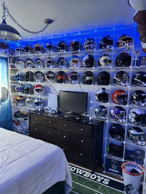 Boys bedroom idea sports memorabilia Nfl Themed Bedroom, Nfl Room Ideas, Nfl Bedroom Boys, American Football Bedroom, Basketball Bedroom Ideas Boys, Football Room For Boys, Football Room Ideas, Sports Room Ideas, Sports Themed Bedroom For Boys