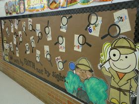 I Spy bulletin board Detective Theme Bulletin Board, Spy Bulletin Board Ideas, Mystery Bulletin Board Ideas, Detective Bulletin Board Ideas, Mystery Bulletin Board, Detective Bulletin Board, Interactive Bulletin Board Ideas, Detective Themed Classroom, Mystery Unit