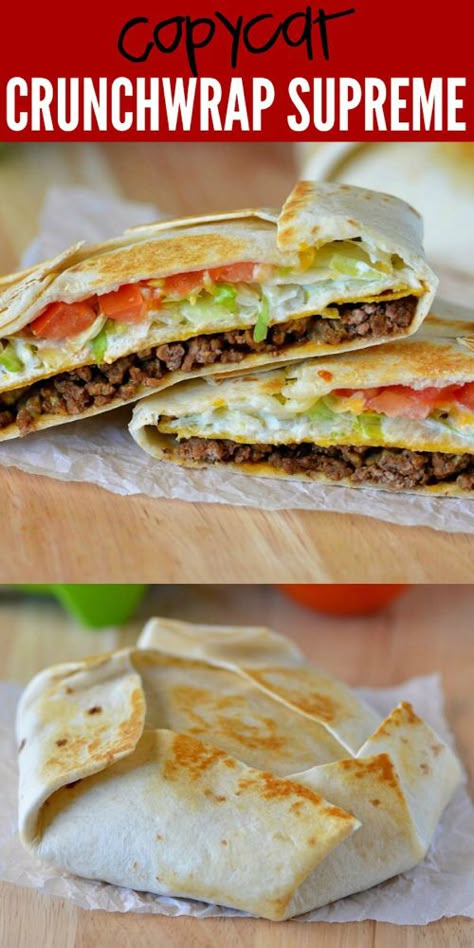 Crunchwrap Supremes are loaded with seasoned ground beef, nacho cheese, sour cream, lettuce and tomato all wrapped inside a large flour tortilla. There is a corn tortilla hidden inside that gives it that crunch we all love! Crunch Supreme Wrap, Beef And Corn Tortilla Recipes, Black Stone Crunch Wrap Supreme, Ground Beef Wraps Flour Tortillas, Crunch Wraps On Blackstone, Crunch Wrap Supreme On Blackstone, Flour Tortilla Meals Ideas, Crunch Wrap Supreme Blackstone, Flour Tortilla Hamburger