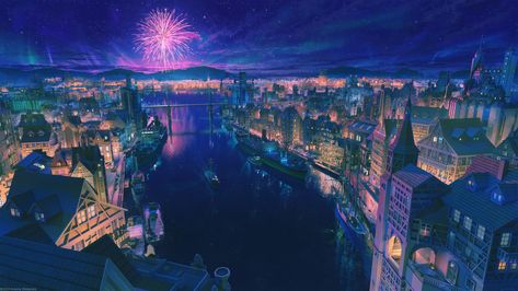 ArtStation - Night Port, Arseniy Chebynkin Anime City Wallpaper, Fireworks Wallpaper, Cityscape Wallpaper, Anime City, Scenery Background, City Background, Night Scenery, Anime Backgrounds Wallpapers, Old Images