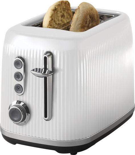 The Oster 2-Slice Toaster features a quick-check lever to check your toast mid-cycle without interrupting toasting. The 2-slice toaster is equipped with extra-wide slots to fit a wide variety of breads, bagels, and more. Part of the Impressions Collection, this Oster toaster features a stylish, textured white design with chrome accents that looks great on any countertop. With a quick heating time and 7 toast shade settings, the toaster quickly toasts bread, with a toasting shade for every taste. White Toaster, Retro Toaster, Bread Toaster, Retro Appliances, Oatmeal Cream, Retro 2, Wall Outlets, Toaster Oven, Bagels