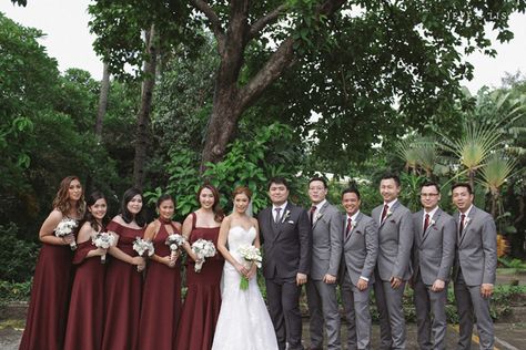 Burgundy Bridesmaid Dresses With Groomsmen, Gray And Wine Wedding, Grey And Wine Wedding, Bridesmaids And Groomsmen Burgundy, Burgundy Wedding Theme Groomsmen, Gray And Maroon Wedding, Maroon Groom Suit Bridesmaid Dresses, Burgundy Grey Wedding, Grey And Burgundy Groomsmen