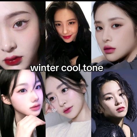 Deep Winter Color Makeup, Makeup Looks Cool Tones, Deep Winter Douyin Makeup, Cool Toned Korean Makeup, Winter Tone Makeup, Makeup For Winter Skin Tone, Winter Cool Tone Makeup, Korean Winter Makeup, Winter Cool Tone Makeup Korean