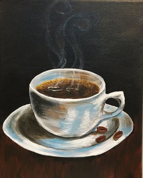 Coffee Aesthetic Painting, Coffee Shop Painting Ideas, Painting Of Coffee, Coffee Paintings, Coffee Acrylic Painting, Coffee Cup Painting, Coffee Painting Canvas, Coffee Watercolor, Food Art Painting