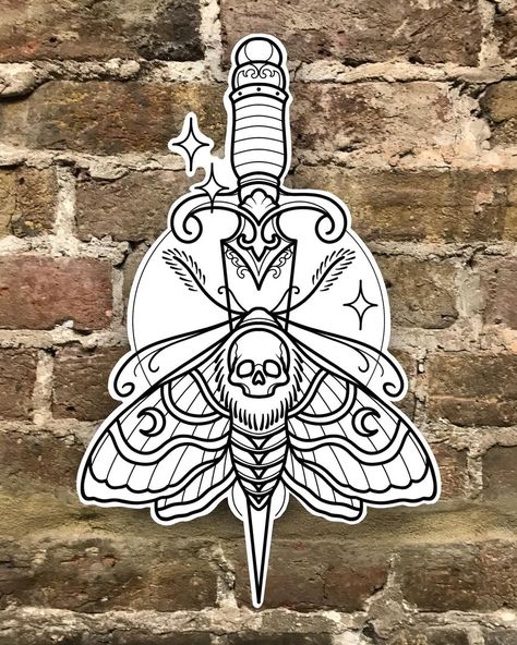 Sam King on Instagram: “🤍 moth and dagger 🤍 Thanks for looking x” Goth Tattoo Designs, Traditional Tattoo Outline, Traditional Tattoo Stencils, Sam King, Traditional Tattoo Inspiration, Goth Tattoo, Tattoo Board, Traditional Tattoo Sleeve, Moth Tattoo