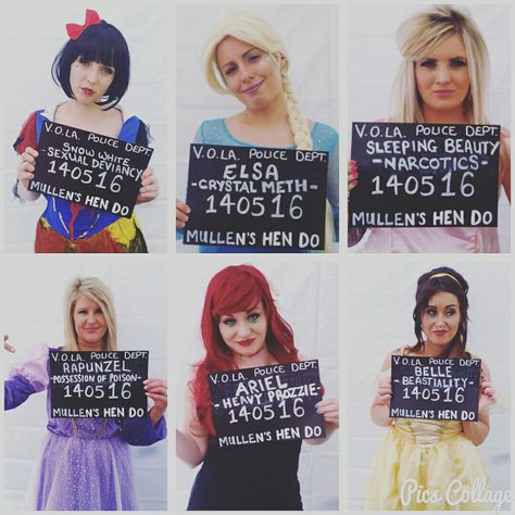 Disney gone bad mugshots hen doo snow white elsa sleeping beauty rapunzel Ariel belle Disney Princesses Gone Bad Costumes, Bad Disney Princess Costumes, Disney Gone Bad Costumes, Princess Mugshots Costume, Disney Princess Mugshots, Disney Princesses Gone Bad, Maddie Costume, Elsa Sleeping, Princess Gone Bad