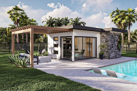 Plan 623212DJ: 306 Square Foot Modern Pool House With Pergola Modern Pool House Ideas, Modern Cabana, Small Pool House, Pool Sheds, Garage Backyard, Advanced House Plans, Modern Pool House, House Models, Pool Shed