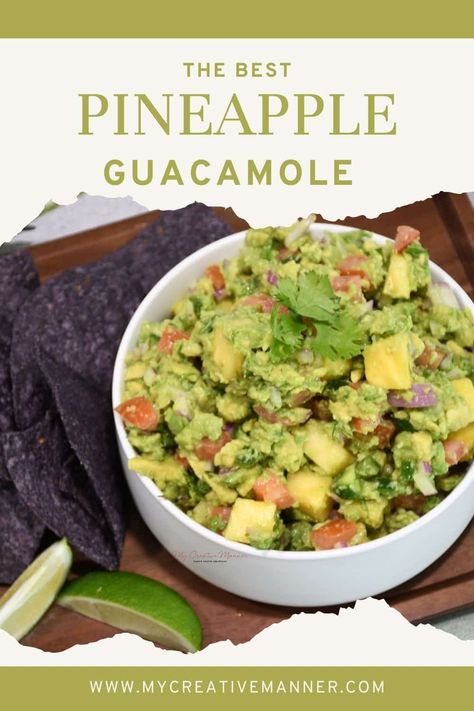 Pineapple guacamole is a mouthwatering tropical twist on traditional guacamole. Creamy avacado meets juicy pineapple for burst of flavor in every scoop. Give taco night a tropical twist with this recipe. Pineapple Guacamole Recipe, Traditional Guacamole, Pineapple Guacamole, Appetizer Recipes Cold, Grilled Chicken Tacos, Guacamole Recipe Easy, Bacon Dip, Easy Guacamole, Burrito Bowls