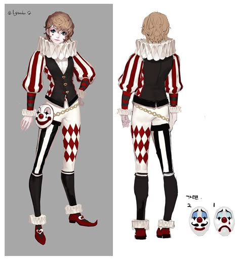 Punchline Artist Character Design, Jester Outfit, Circus Oc, Clown Oc, Clown Jester, Circus Outfits, Circus Aesthetic, Clown Clothes, Artist Character