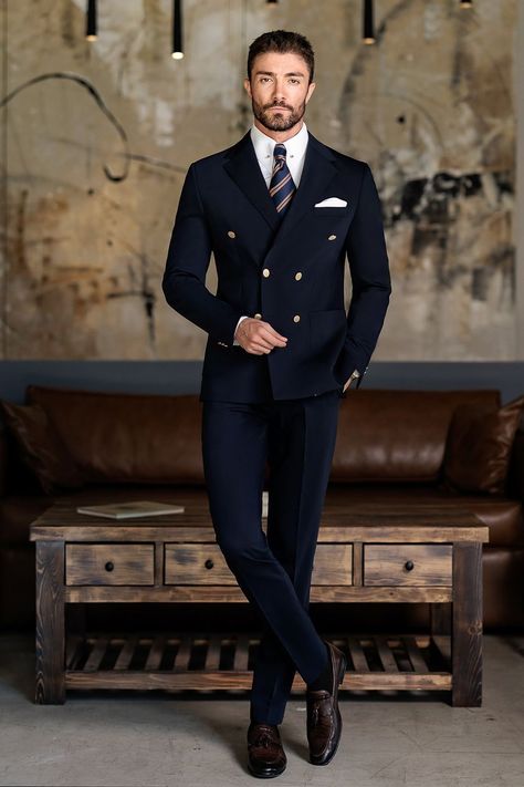 Own the elegance of navy. The Navy Double Breasted Suit 2-Piece is a symbol of sophistication and confidence, designed for men who demand style without compromise.  #navydoublebreastedsuit #timelessmenswear #boldandelegant #tailoredstyle #executivelook #formalfashion #menssuits #powerdressing #professionalwardrobe #modernclassics Navy Blue 2 Piece Suit Men, Double Breasted Suit For Groom, Midnight Suit Men, Suits Men Designer Style, Double Breasted Suit Groom, Navy Men’s Suit Wedding, Groom Double Breasted Suit, Double Breasted Navy Suit, Men's Suits Wedding