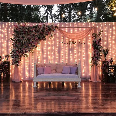 10 Things To Make Your Sangeet Ceremony Function Fun And Exciting Engagement Background Decoration Outdoor, Engagment Decoration Indian, Outdoor Indian Engagement Decor, Night Wedding Stage Decor, Indian Home Engagement Decor, Wedding Decor Stage Backgrounds, Engagement Decor Outdoor Night, Night Engagement Decor, Engagement Themes Decor Indian