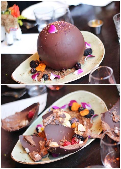 [I Ate] Chocolate Sphere Dessert with Chocolate Mousse Fruit and Meringue Pieces Inside Food Recipes Sphere Desserts, Chocolate Sphere, Dessert With Chocolate, Chocolate Ball, Dinner Party Menu, Fine Dining Recipes, Food Images, Chocolate Mousse, The Hub