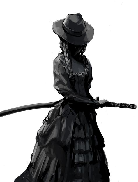 Samurai Cowboy Art, Western Oc Female, Southern Gothic Character Design, Dark Cowboy Art, Weird West Character Design, Female Cowboy Character Design, Big Hat Character Design, Mommy Pose Reference, Cowboy Design Character