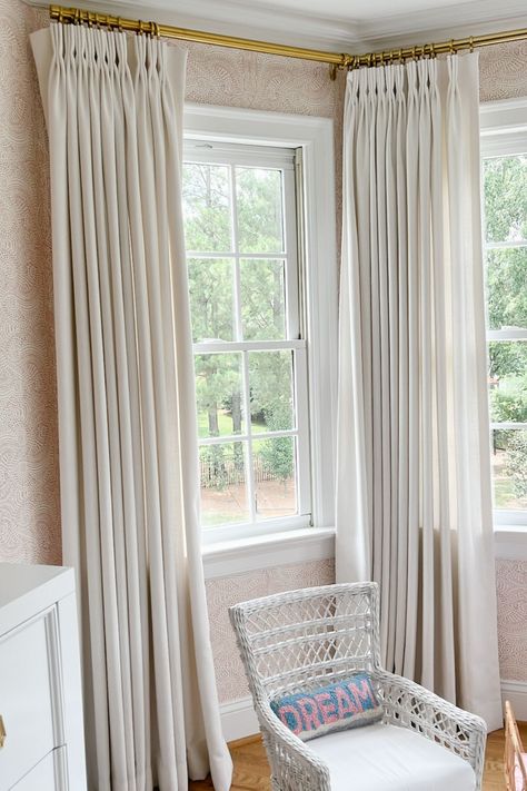 Corner Window Curtain Rods, Curtain Rod For Corner Window, Curtain Rod Bay Window, Corner Drapery Ideas, Corner Window Drapes, Drapes For Corner Windows, One Curtain Rod Two Windows, Window Treatments For Corner Windows, Corner Window Treatments Living Room