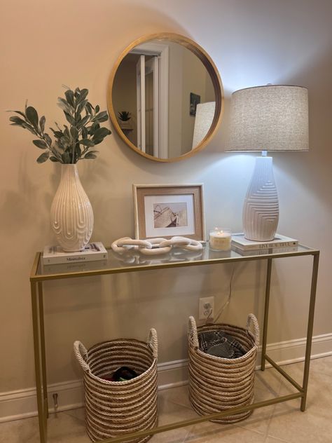 Everything is #homegoods expect for table, mirror and accessory. Those are #amazon Gold Console Table Decor, Console Table Decor, Black Living Room Decor, Gold Console Table, College Apartment Living Room, Console Table Styling, Console Table Decorating, Doors Interior Modern, Entryway Table Decor