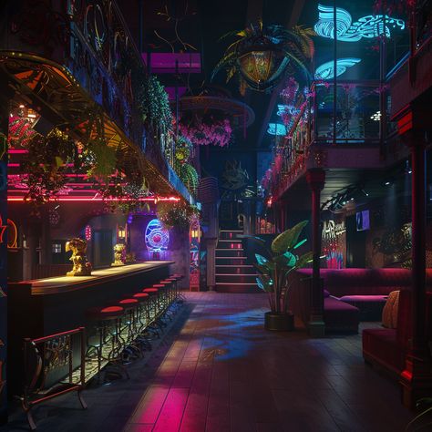 Night Club Exterior, Neon Cottagecore, Nightclub Interior, Neon Club, Urban Fantasy Art, Nightclub Aesthetic, Nightclub Design, Club Aesthetic, Home Bars