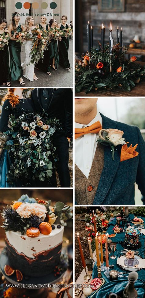 boho wedding ideas Archives - Elegantweddinginvites.com Blog Moody Wedding Colors, Wedding Colors For Fall, Green And Burnt Orange, Dark Romantic Wedding, Orange Wedding Themes, Halloween Chic, Dark Green Wedding, Dark Wedding Theme, Nature Themed Wedding