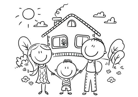 House With A Garden, Picture Black And White, Kindergarten Drawing, Cartoon Family, Stick Family, Family Clipart, Family Vector, Idee Cricut, White Cartoon