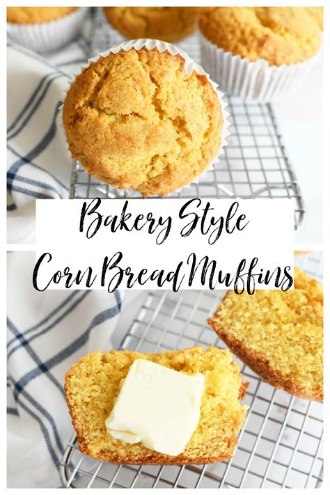 Bakery Style Corn Bread Muffins. A two images collage with text. The muffins are near a plaid white and blue napkin on a silver baking rack. Jumbo Cornbread Muffins, Sweet Corn Muffins Recipe, Best Corn Muffins Recipe, Corn Muffins Moist, Best Corn Muffins, Corn Muffin Recipes, Corn Bread Muffins, Cornbread Sweet, Sweet Cornbread Muffins