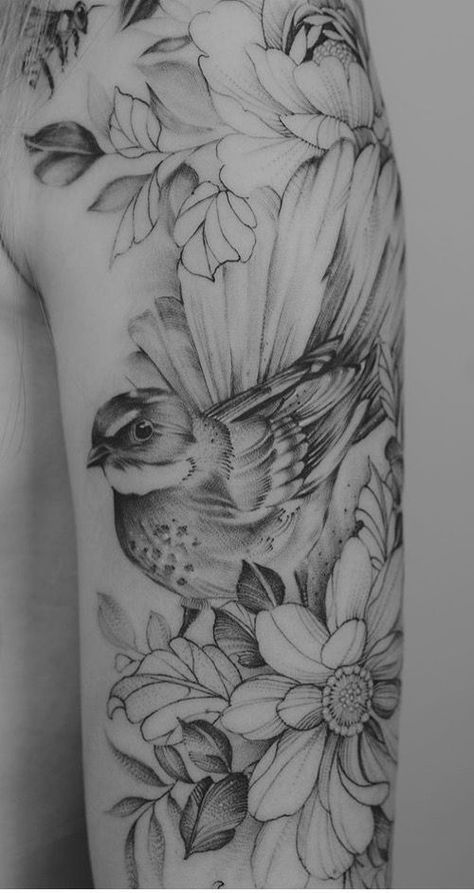 Bird Flower Tattoo, Yes Tattoo, Flower Sleeve Tattoo, Bird And Flower Tattoo, Kunst Tattoos, New Tattoo Ideas, Owl Tattoo Design, Bird And Flower, Flower Sleeve