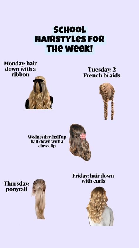 #hairstyles #hairstylesoftheweek #school #hair #weeklyhairstyles #preppy #shuffles #hairdos #school #hairinspo Hairstyles For The Week, High School Hairstyles, Preppy Shuffles, School Preppy, Preppy Hairstyles, Hairstyle Examples, School Hair, Days Of The Week, French Braid